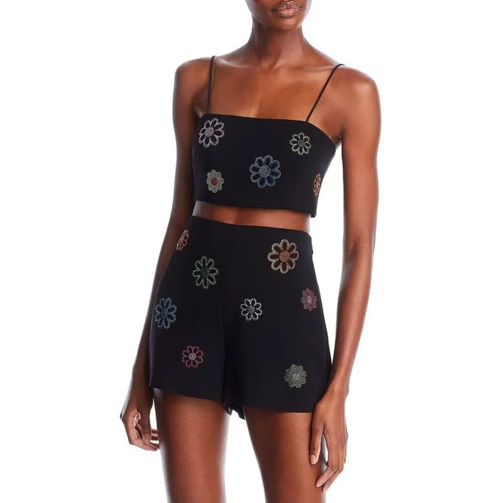 Cinq a Sept Womens Nikki Black Embellished Daisies Side Zip Cropped Top NWT